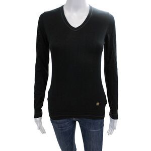 Roberto Cavalli Womens Cotton Knit V-Neck Pullover Sweater Top Black Size M